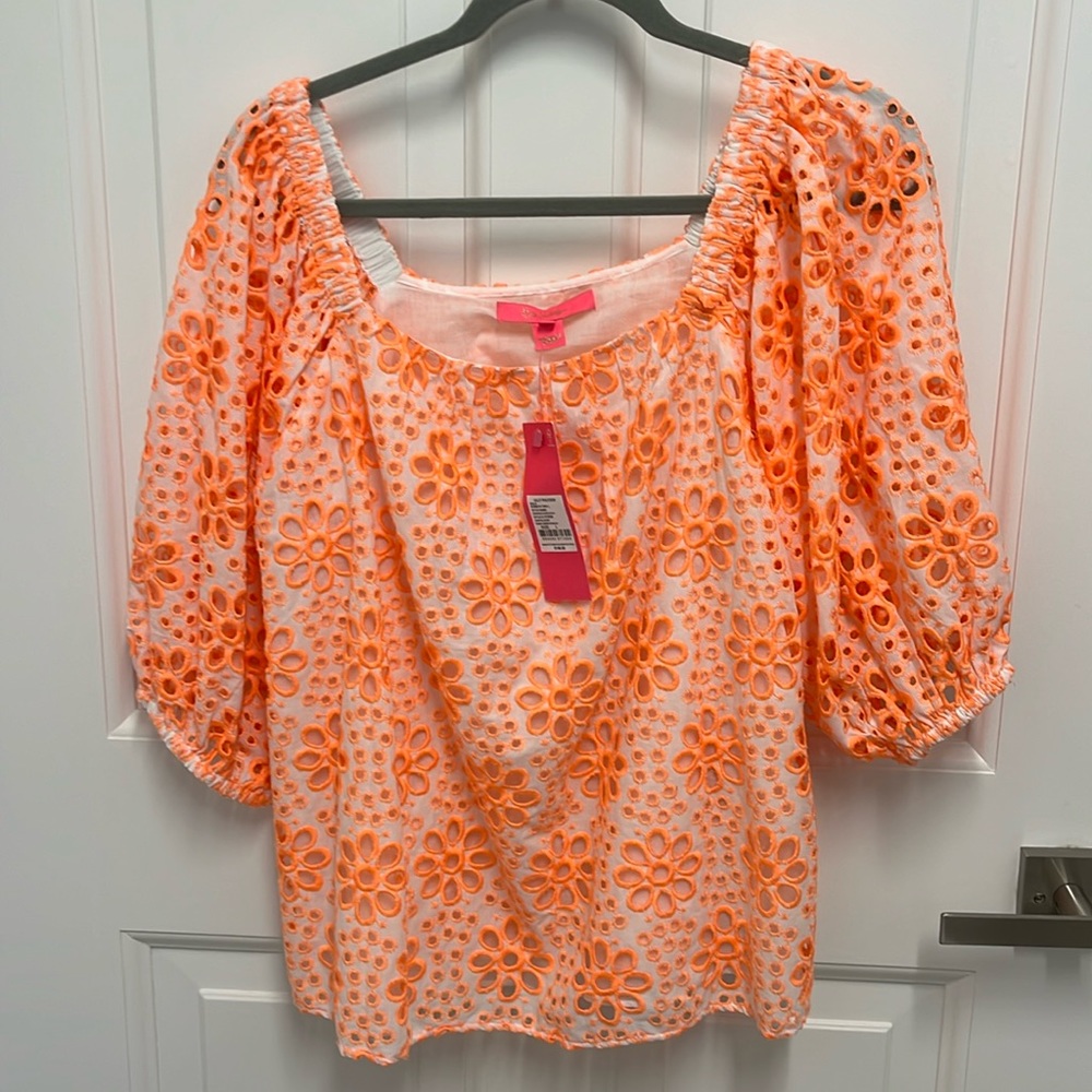 NWT Lilly Pulitzer kerrigan elbow sleeve top size L in cantaloupe funflower